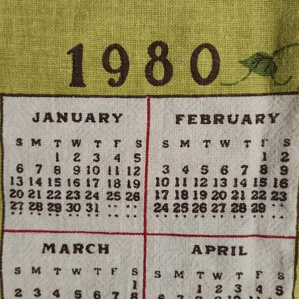 Vintage 1980 Calendar Kitchen Prayer Tea Towel Light Green